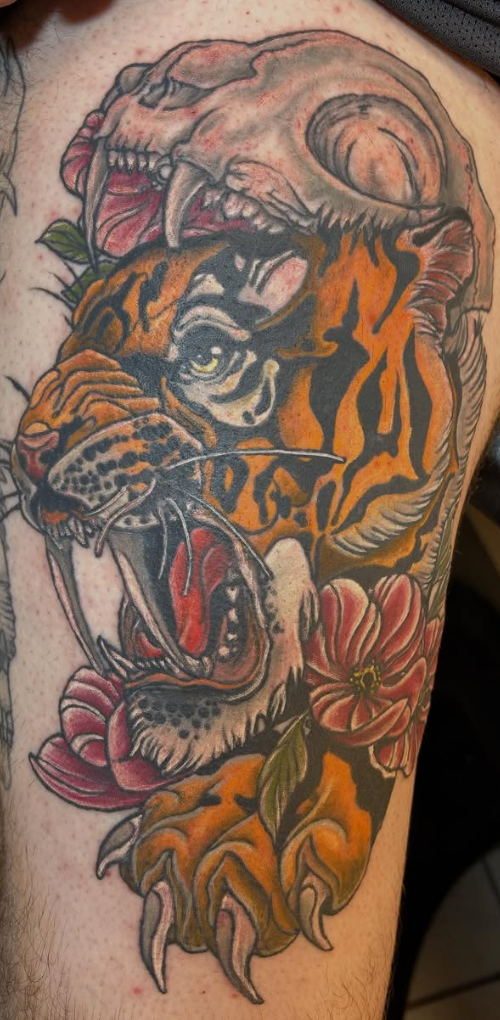 Neo-traditional tiger and skull sleeve tattoo by Eagle Tattooing in West Milford NJ