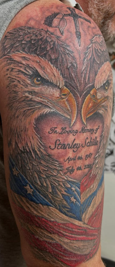 Color realism eagle memorial tattoo with American flag by Eagle Tattooing West Milford NJ