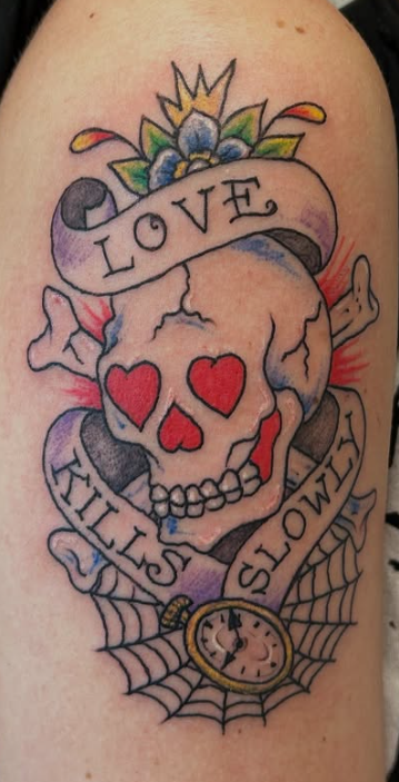 Old school love kills slowly skull tattoo by Eagle Tattooing NJ