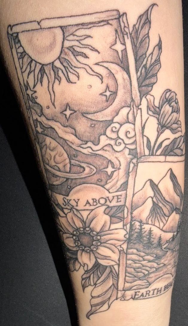 Fine line sky-above earth-below illustrative tattoo by Eagle Tattooing NJ